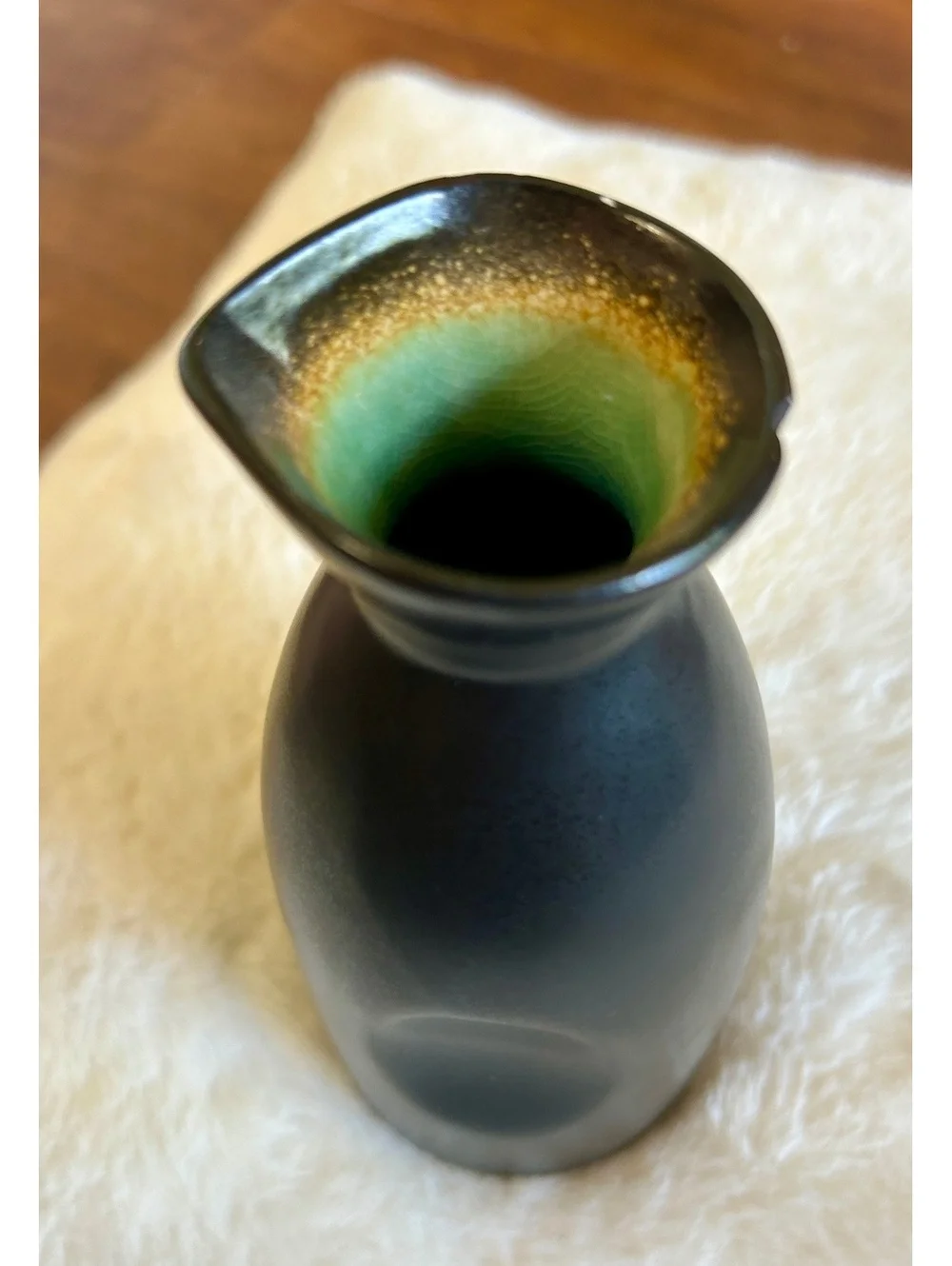 Ceramic Sake Set with Black Exterior and Green Interior Glaze